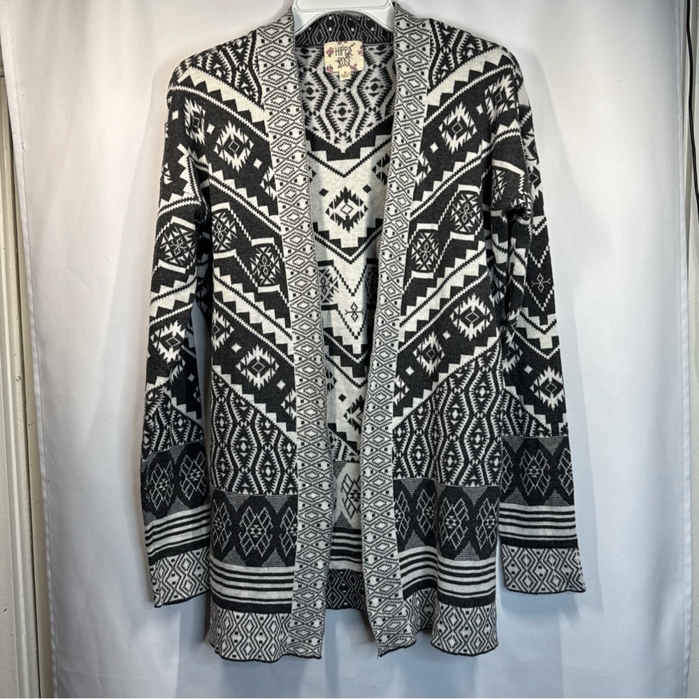 Women's Black and White Patterned Cardigan Sz Small